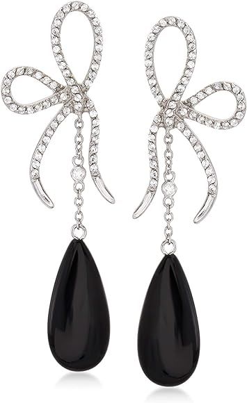 Ross-Simons Black Onyx and 1.20 ct. t.w. CZ Bow Drop Earrings in Sterling Silver | Amazon (US)