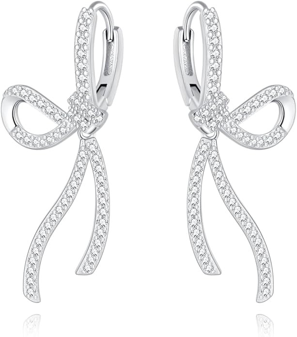 SLUYNZ Sterling Silver CZ Bow Hoop Earrings for Women Teens Rhinestone Bow Hoop Earrings Huggie D... | Amazon (US)
