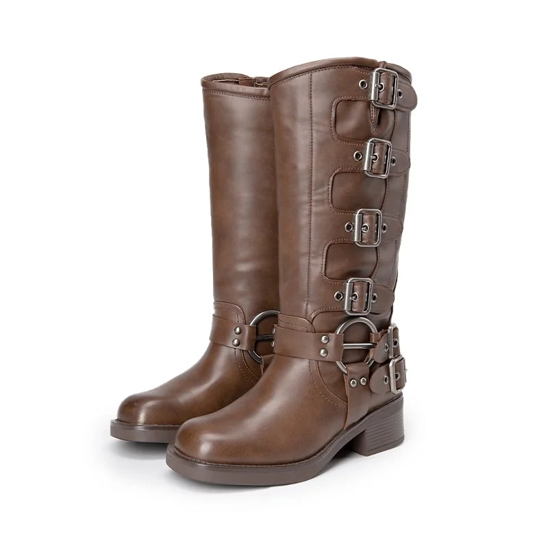 BURUDANI Women's Multi-Buckle Knee-High Moto Boots | Walmart (US)