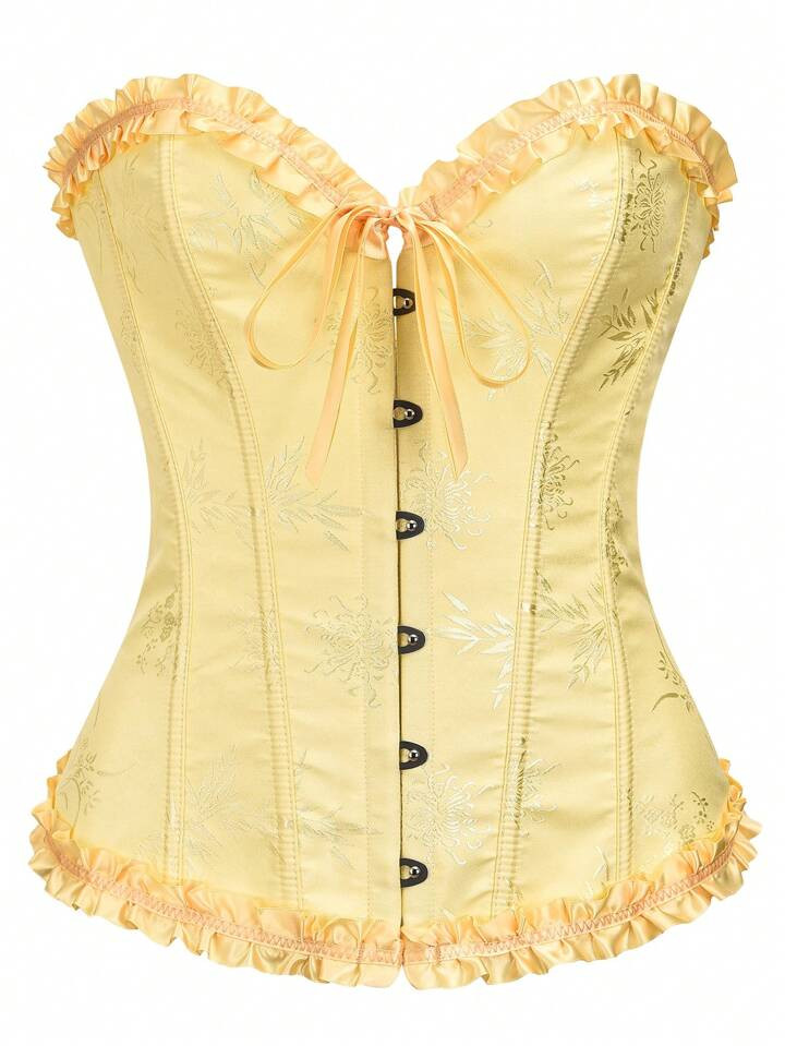 Floral Jacquard Frill Trim Lace Up Back Corset | SHEIN