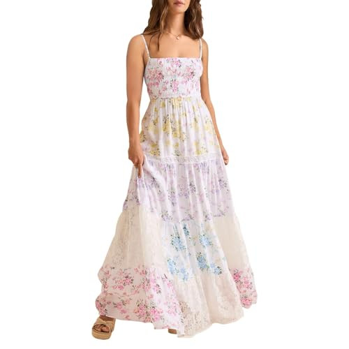 ABYOVRT Women Floral Maxi Dress Smocked Spaghetti Strap Lace Patchwork Tiered Boho Long Dress Vac... | Amazon (US)