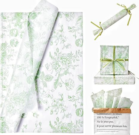 120 Sheets Sage Green Floral Tissue Paper Chinoiserie Gift Wrapping Paper Vintage Green White Flo... | Amazon (US)