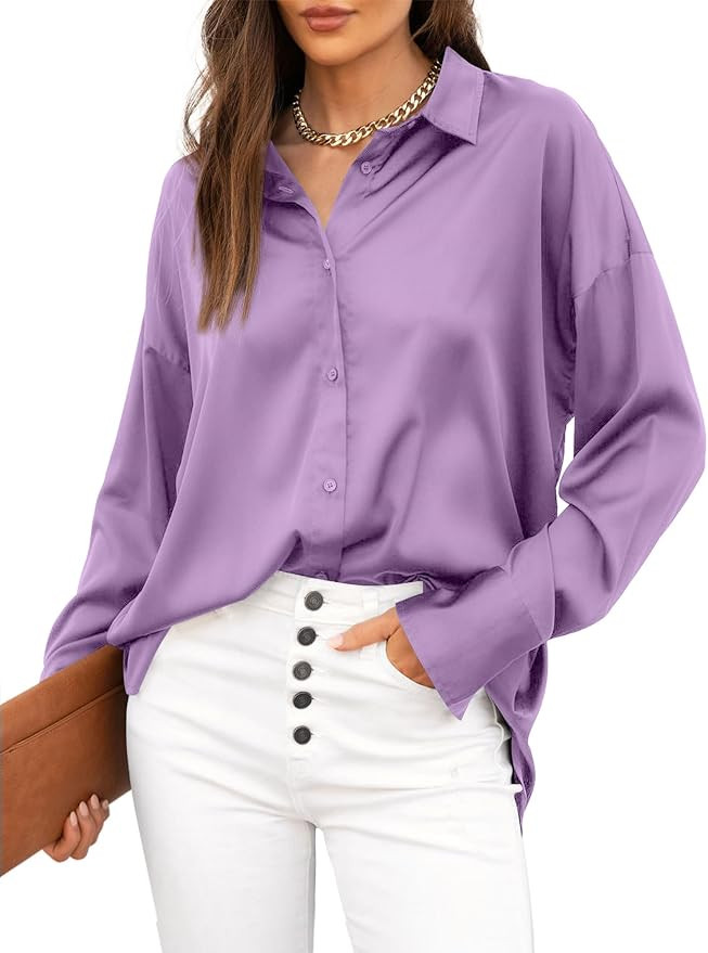Sucolan Women's Satin Silk Button Down Shirt V Neck Short Long Sleeve Work Office Blouses Casual ... | Amazon (US)