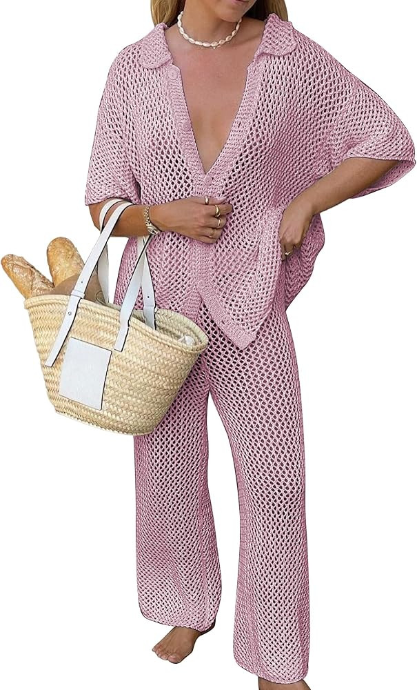 Famulily Womens Sexy Hollow Out Swimsuit Cover Up Sets Button Up Tops and Drawstring Pants 2 Piec... | Amazon (US)