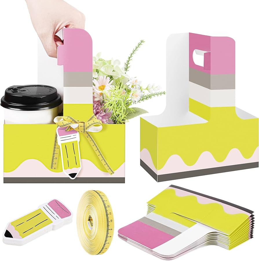 24 Sets Teacher Appreciation Gift 2 Cups Drink Carrier with Handle Paper Coffee Cup Holder Kraft ... | Amazon (US)