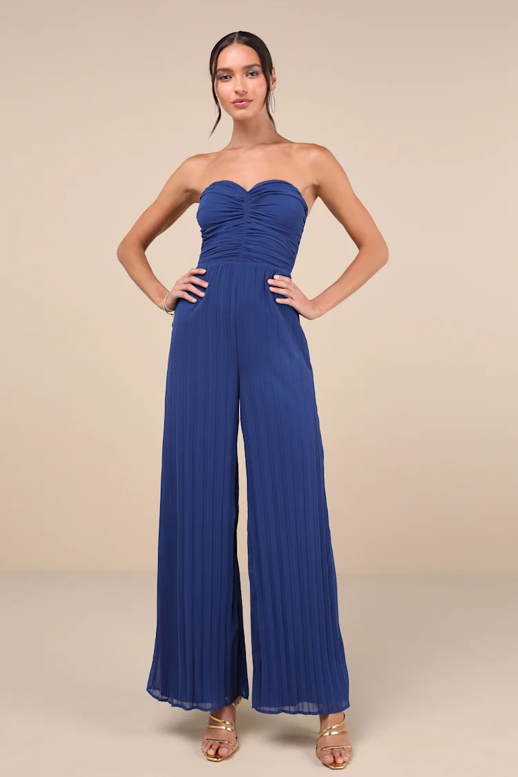 Certainly Charming Blue Pleated Strapless Wide-Leg Jumpsuit | Lulus