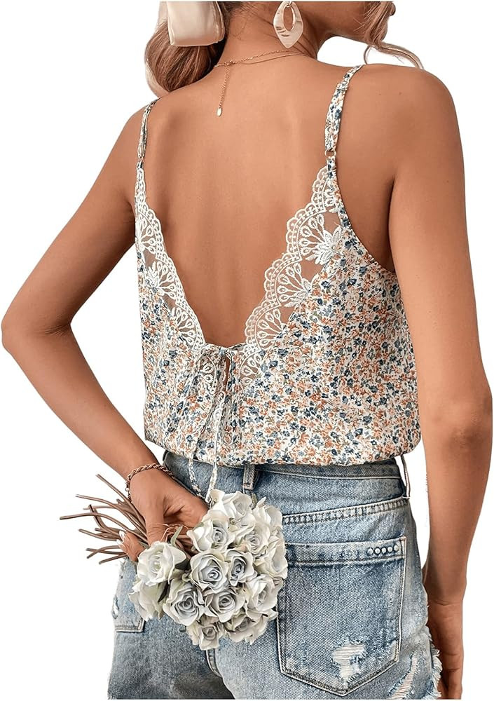 SOLY HUX Women's Ditsy Floral Print Cami Top V Neck Lace Trim Tie Backless Summer Tops | Amazon (US)