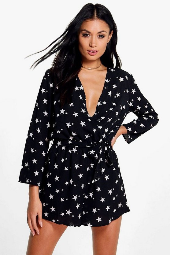 Jessica Star Print Wrap Front Playsuit | Boohoo.com (US & CA)