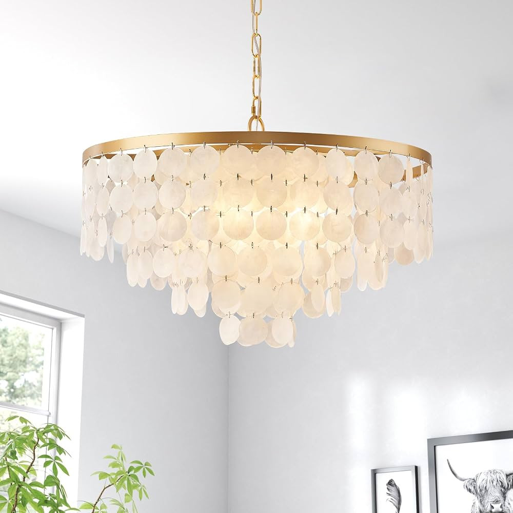 24" Coastal Capiz Shell Chandelier 5 Light Dining Room Light Fixture Modern Chandeliers for Bedro... | Amazon (US)
