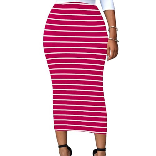 Lrady Women Skirts Midi Length for Tall Cocktail Party Wedding Stripe Skirt Rose Red and White XXL | Amazon (US)