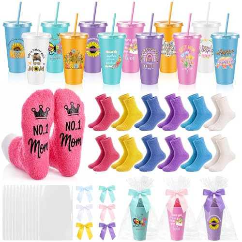 Hollowfly 12 Set/ 48 Pcs Mother's Day Gifts Bulk, Gift Sets for Mom from Daughter Son, Mom Socks, 24oz Straw Cups, Bows and Opp Bags for Women Mother Party Birthday (Rainbow) | Amazon (US)