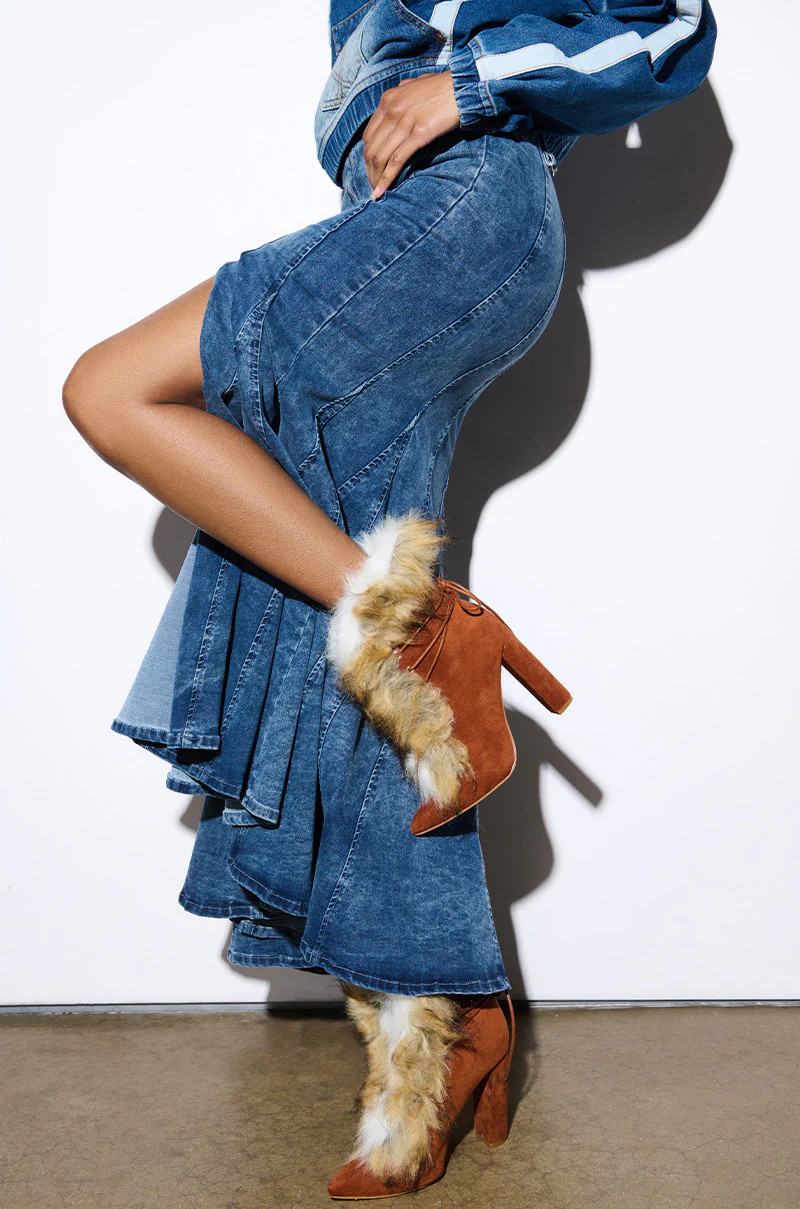 FANCY TAN LACE UP CHUNKY BOOTIE WITH FUR | AKIRA