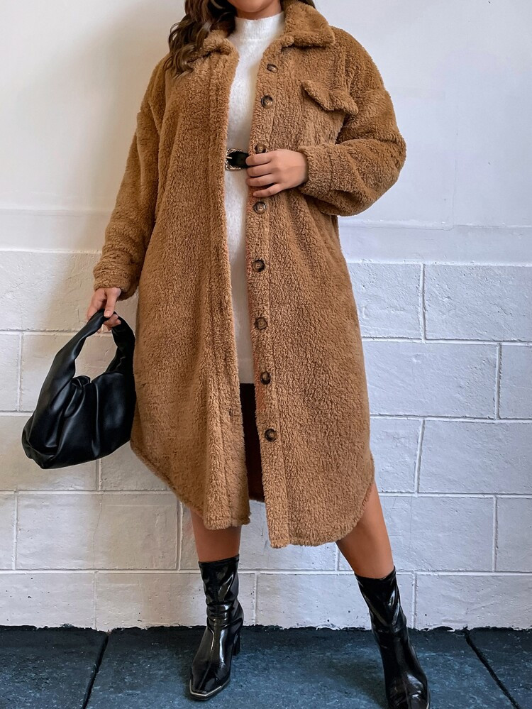 SHEIN Plus Drop Shoulder Flap Detail Flannel Coat | SHEIN