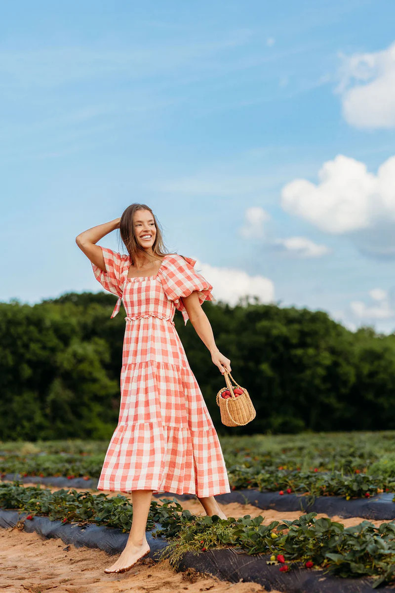 Elena 100% Cotton Gingham Midi Dress in Red - Bump Friendly | Worth Collective