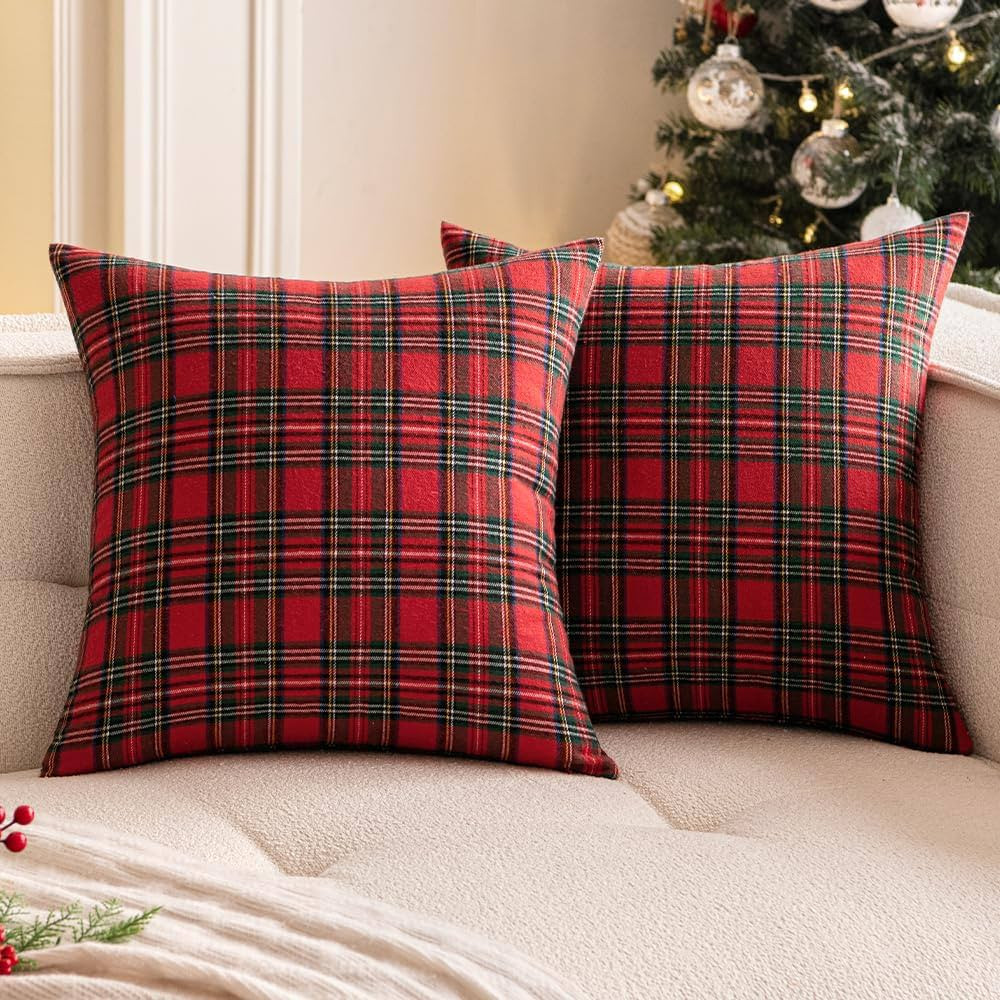 Woaboy Christmas Set of 2 Scottish Tartan Throw Pillow Covers Farmhouse Classic Plaid Decorative ... | Amazon (US)