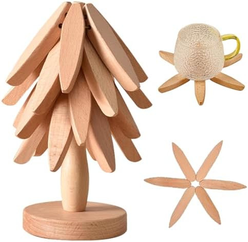 Natural Foldable Black Walnut Wooden Trivet Set - 4 Trivets + 1 Stand for Hot Dishes, Pot, Bowl, ... | Amazon (US)