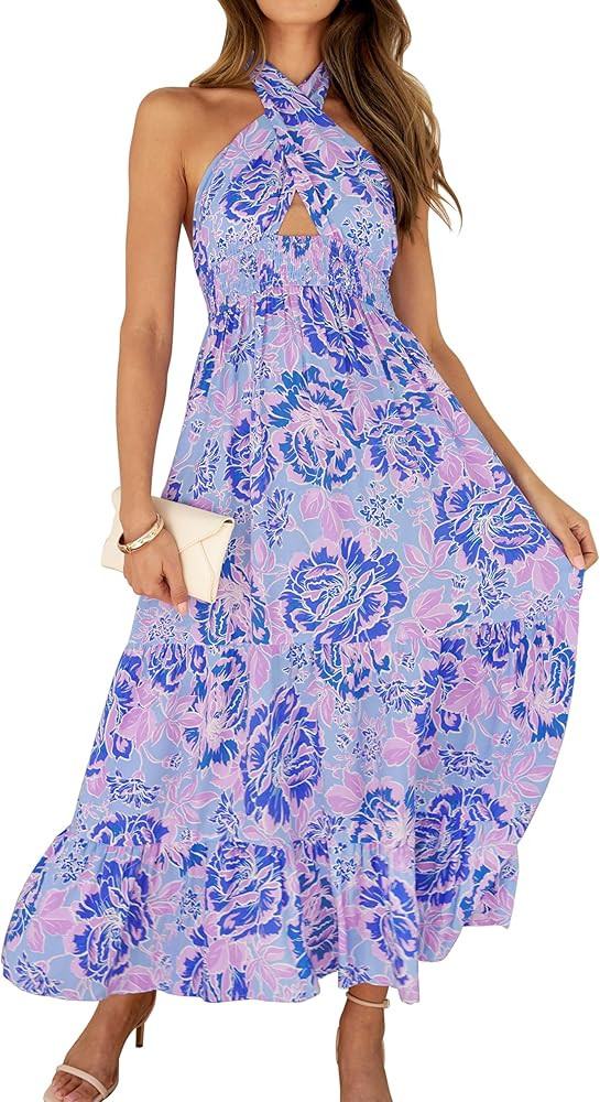 ZESICA Women's 2024 Summer Crossover Halter Neck Sleeveless Plaid Cut Out Backless Flowy A Line M... | Amazon (US)