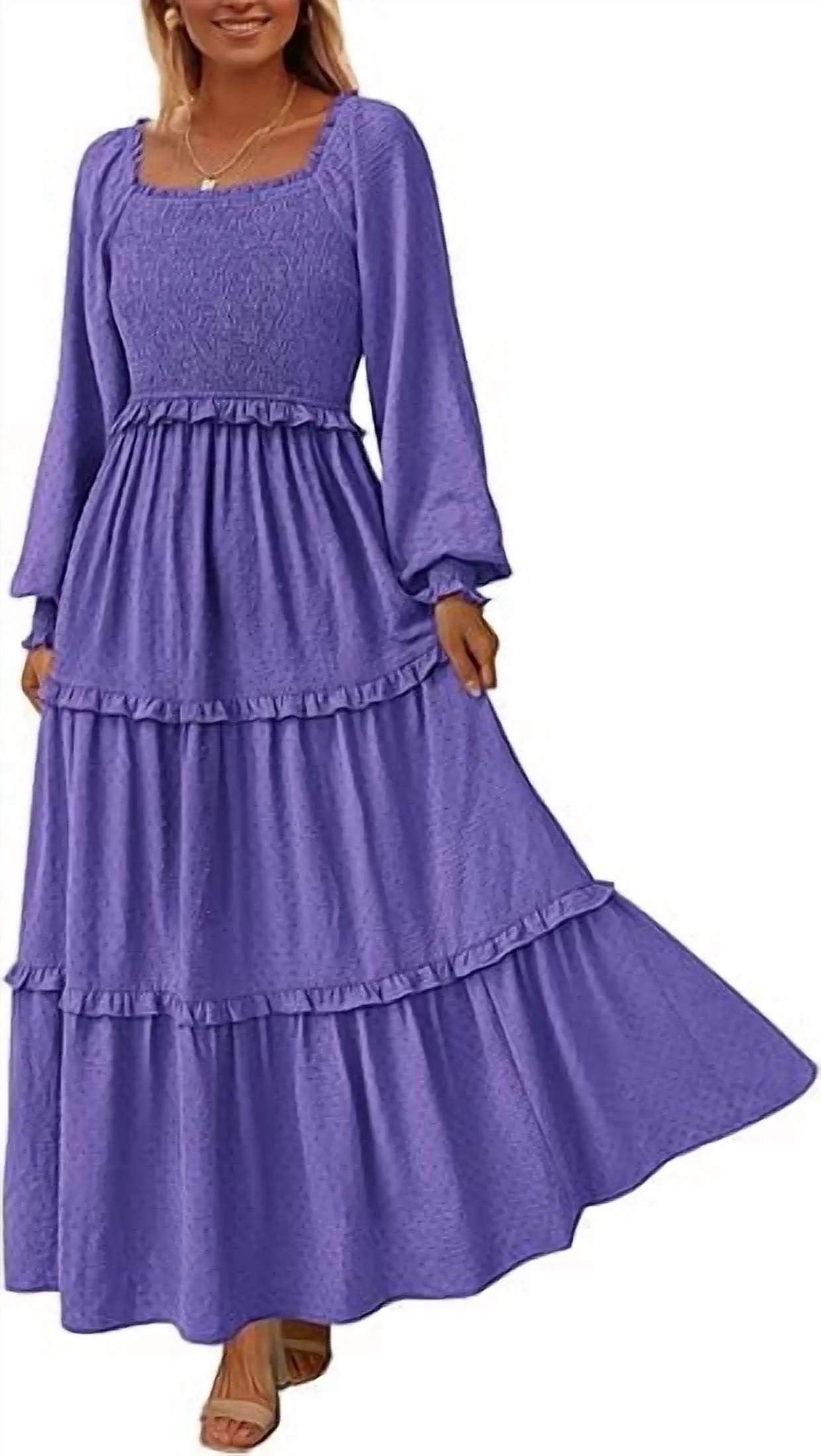 PRETTYGARDEN Women's Spring Long Sleeve Smocked Maxi Dress Casual Square Neck Swiss Dot Tiered Ru... | Walmart (US)