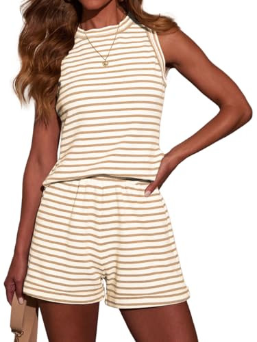 Amazon.com: Sotimoon Womens 2 Piece Short Sets Sleeveless Tank Top and Shorts Soft Striped Lounge... | Amazon (US)