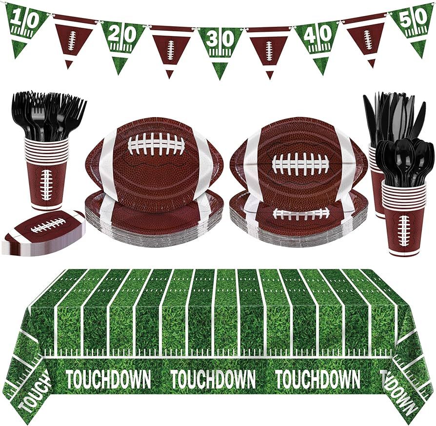 durony 146 Pcs Football Party Supplies Kit Serve 24 Disposable Thick Paper Plates Napkins Cups Cutlery Touchdown Tablecloth Banner for Super Bowl Game Day Theme Birthday Tailgate Party Decorations | Amazon (US)