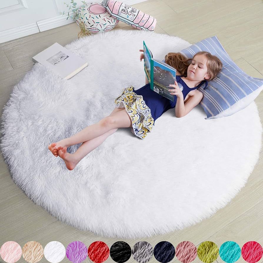 White Round Rug for Bedroom,Fluffy Circle Rug 5'X5' for Kids Room,Furry Carpet for Teen's Room,Sh... | Amazon (US)