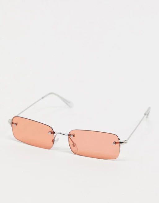 ASOS DESIGN – Rahmenlose, rechteckige Sonnenbrille aus Metall in Silber mit Gläsern in Orange ... | ASOS DE