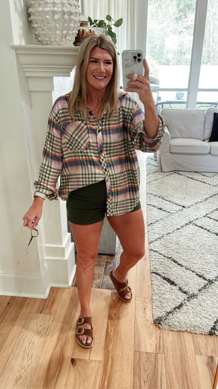 Living this plaid flannel with the prettiest fall colors. Perfectly oversized— I’m in a medium. Sized up in the shorts to a 29. 

#LTKSeasonal #LTKmidsize #LTKsalealert