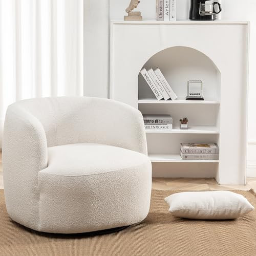 KINWELL 34" Wide Boucle Swivel Barrel Chair, No Assembly Round Upholstered Armchair Accent Chair Single Sofa Chair with Toss Pillow for Living Room and Bedroom, Beige | Amazon (US)