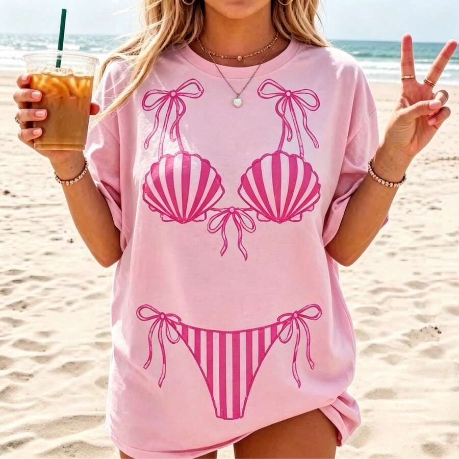 LocalPink Seashell Bikini Bow Print Tee, Cute Coquette Summer Beach Oversized T-Shirt,Beach Outfi... | SHEIN