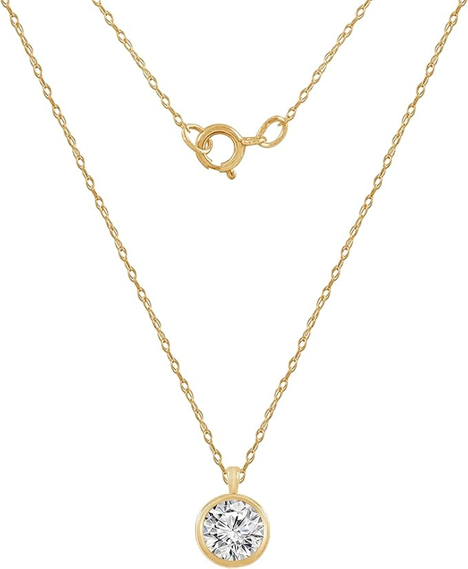 DIAMONBLISS 10K or 14K Real Solid Gold Solitaire Necklace for Women | White or Yellow Gold Bezel ... | Amazon (US)