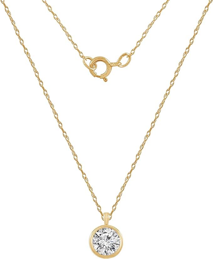 DIAMONBLISS 10K or 14K Real Solid Gold Solitaire Necklace for Women | White or Yellow Gold Bezel ... | Amazon (US)