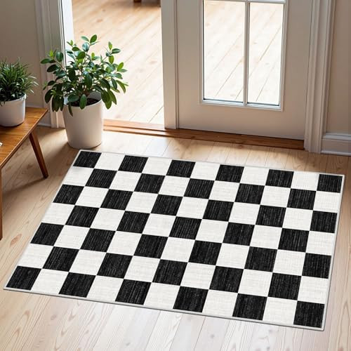 Othilic Front Door Mat Outside Entrance - 2x3 Black and White Non-Slip Washable Doormat Indoor Outdoor Mat Entry Rug Checkered Small Layered Area Rug for Entryway Kitchen Front Porch Decor | Amazon (US)