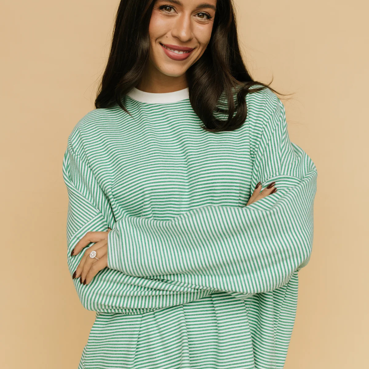 Porter Fleece Stripe Top in Green | Henly