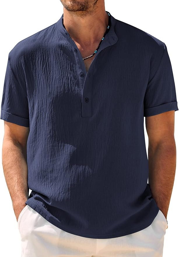 COOFANDY Men's Casual Henley Shirt Band Collar Short Sleeve Shirt Summer Beach Hippie Shirt | Amazon (US)