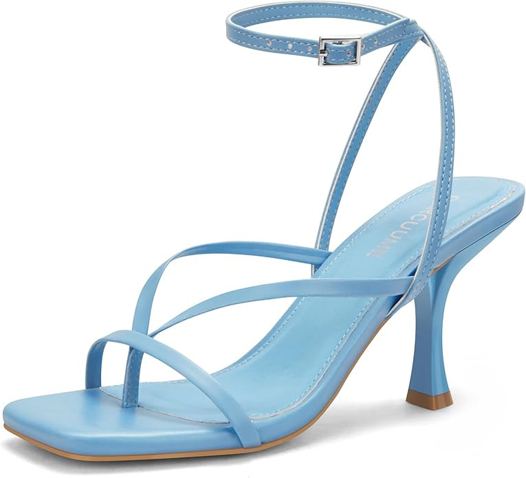 Carcuume Womens Kitten Heels Square Toe Thong Strappy Ankle Strap Stiletto Heel Sandals | Amazon (US)