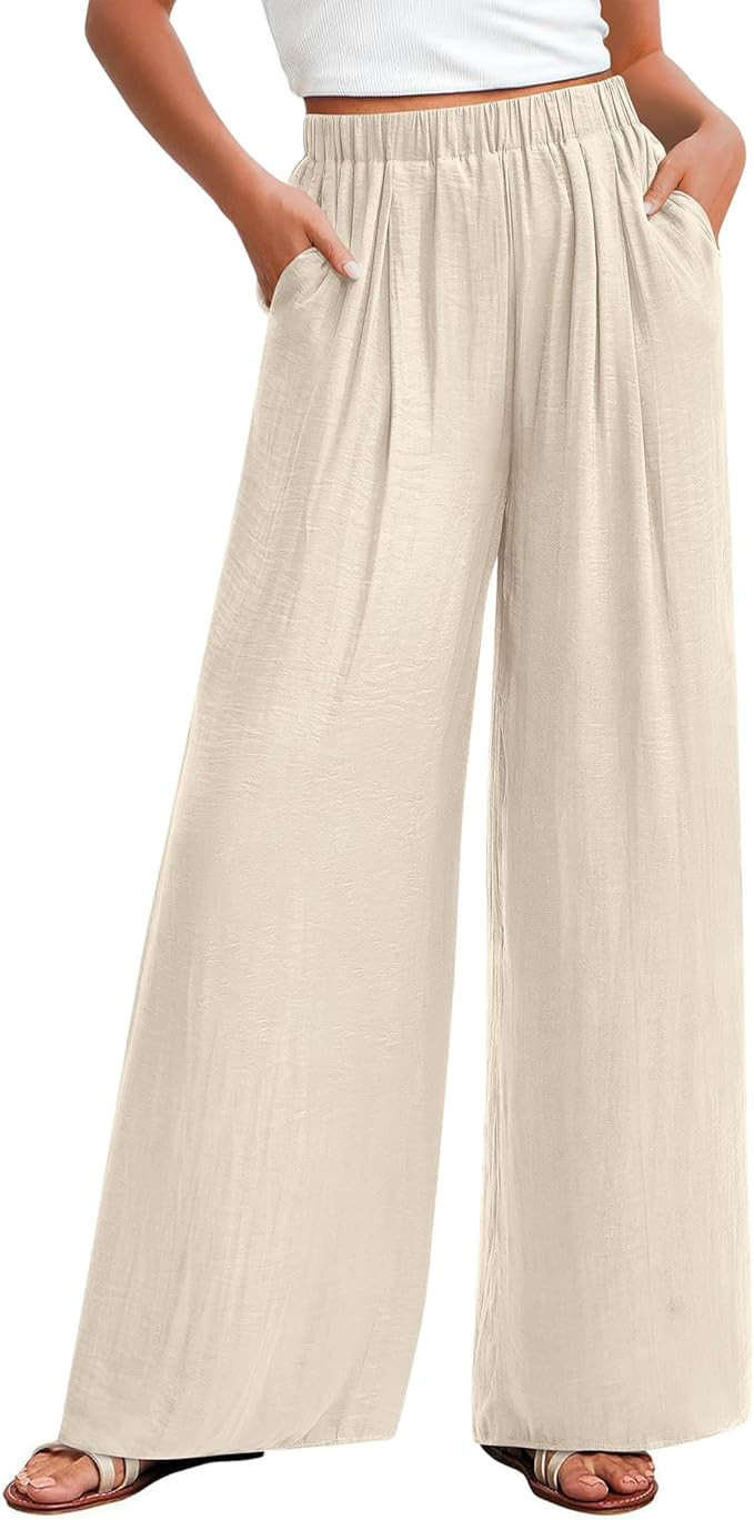 KIRUNDO Flowy Pants for Women Summer 2026 Wide Leg Palazzo Pants Elastic Waist Lounge Trousers Po... | Amazon (US)