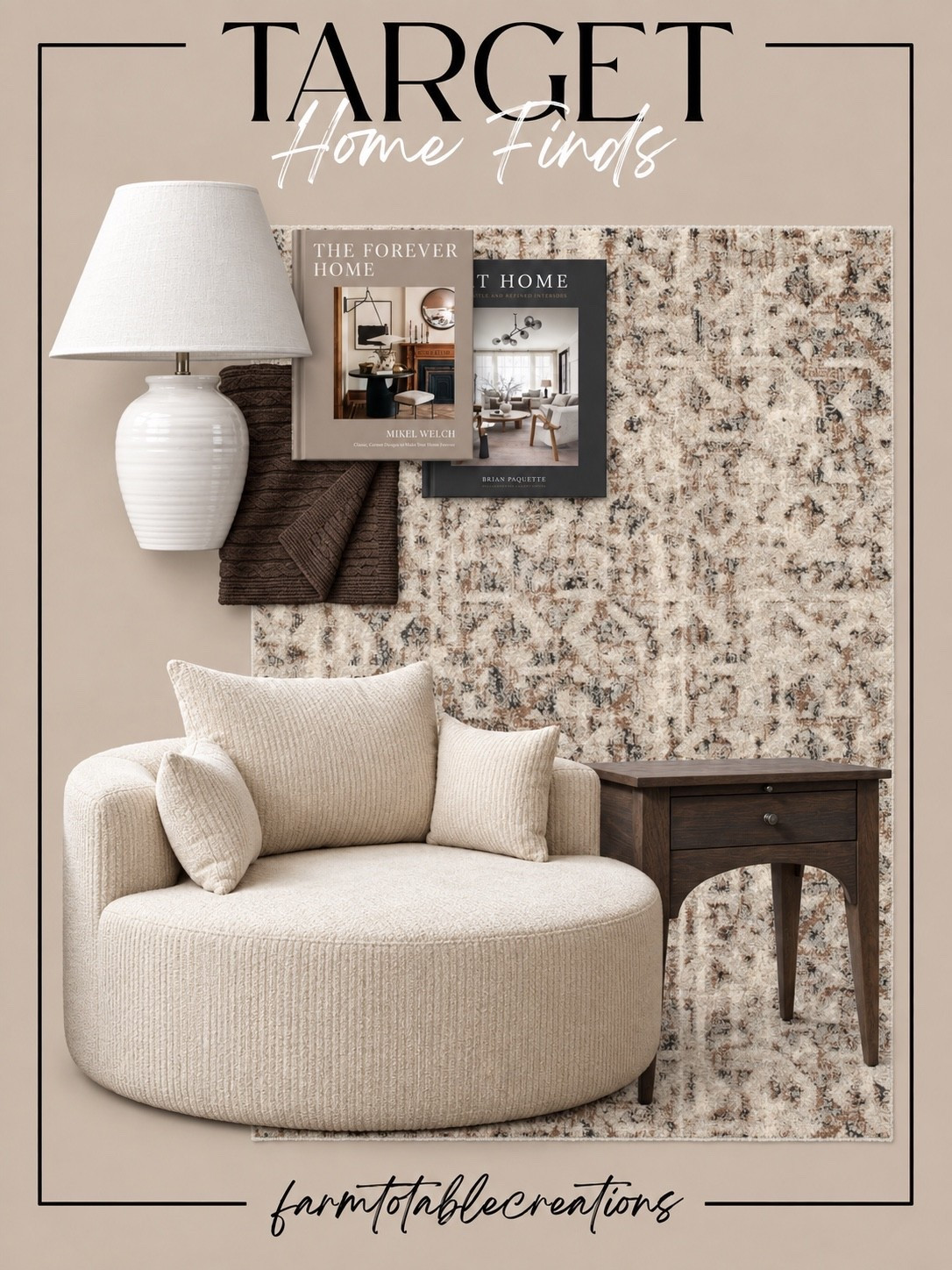 Target Cozy Neutral Home Finds 🤎

Soft textures, warm woods, and creamy neutrals make this collection feel so elevated and inviting! The oversized round chair is such a cozy statement piece, while the vintage-inspired rug, dark wood accent table, and classic white lamp add warmth and character.

Layer in a chocolate brown throw and a few beautiful coffee table books for an effortlessly collected look. These Target finds are perfect for creating a cozy designer-inspired space without completely redecorating.

Follow @farmtotablecreations on Instagram for more cozy home finds and trending decor.

#LTKHome #TargetStyle #TargetFinds #TargetHome #TargetDecor #CozyHome #NeutralHome #HomeDecor #DesignerInspired #CozyDecor #AffordableDecor #LivingRoomInspo #LTKFinds

#LTKHome #LTKSaleAlert