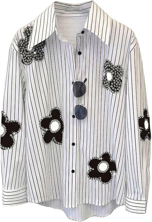 SHENHE Women's Striped Button Down Shirt Loose Fit Long Sleeve Floral Rhinestone Fall Blouse | Amazon (US)