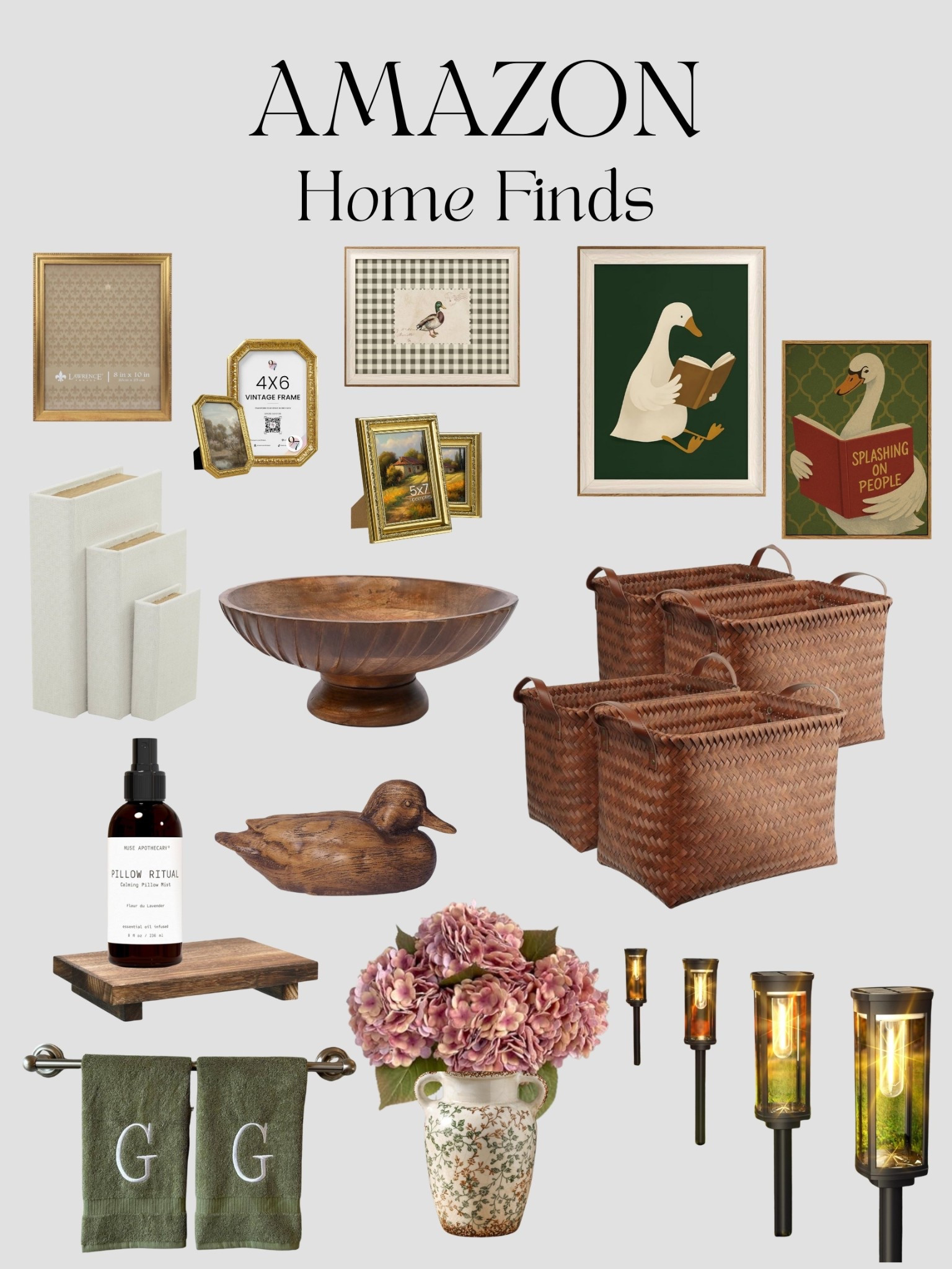 Amazon Home Finds That Give Cozy Fall Feels 🍂 🦆

You don’t have to splurge to get that cozy, collected home look. These Amazon finds add the perfect mix of texture, charm, and style:
• Woven baskets that double as décor and storage
• A vintage-inspired floral vase that instantly elevates fresh blooms
• Gold + wood frames that look straight out of an antique shop
• Whimsical duck art - because every home needs a playful touch
• Warm wood accents + tray pieces for effortless styling
• Solar garden lights that give your outdoor space that glow-up

Each piece is affordable, timeless, and family-friendly—proof that Amazon really has it all. Shop the full roundup on my LTK!

#KatGatFinds #AmazonHome #AmazonMustHaves #CozyHomeStyle

#LTKHome #LTKHome #LTKFindsUnder100 #LTKSeasonal