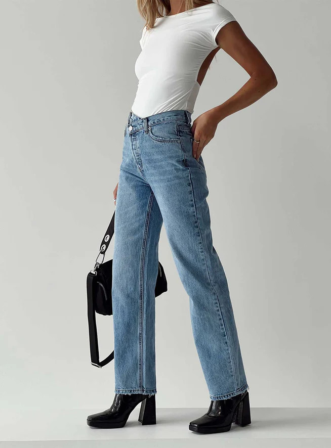 Holly Asymmetric Straight Leg Jean Light Wash Denim Lower Impact | Princess Polly US