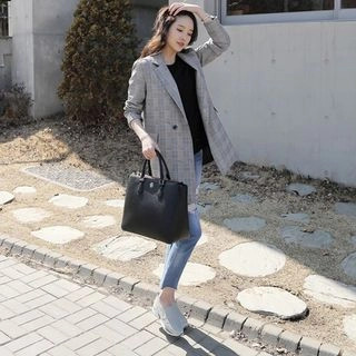 CLICK Double-Breasted Check Blazer | YesStyle Global