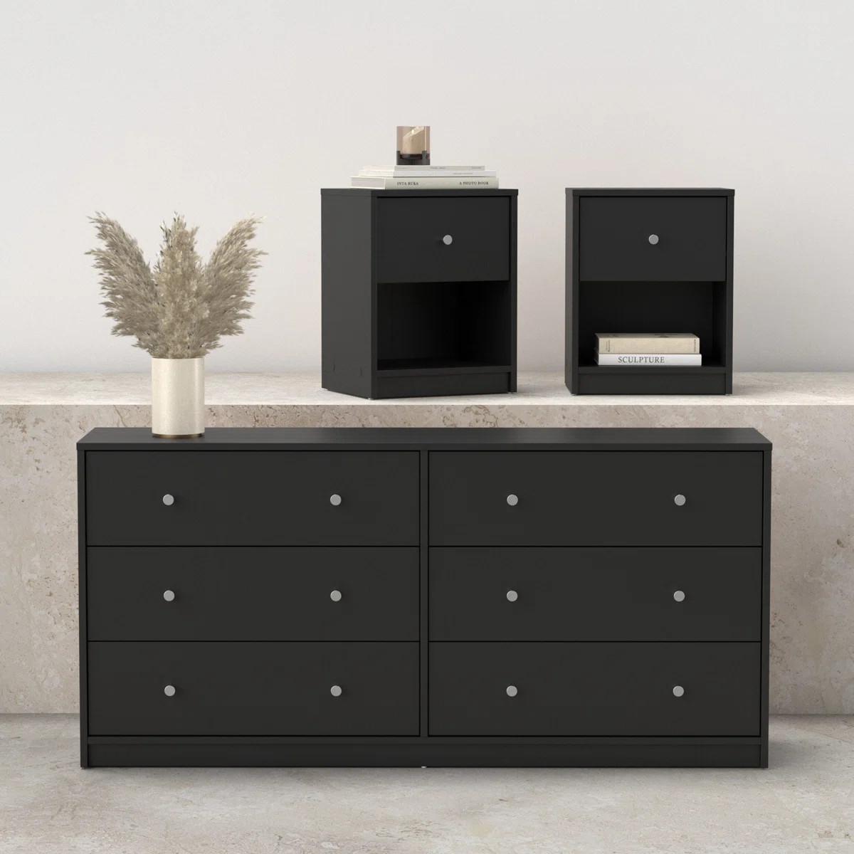 3-Piece Bedroom Set - 6 Drawer Double Dresser And Nightstand Set Of 2, Black | Wayfair North America