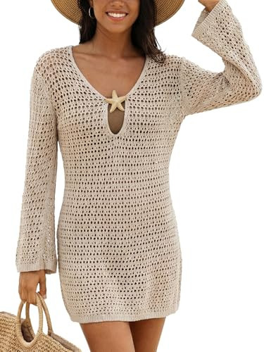 CUPSHE Women Crochet Swimsuit Cover Ups Long Sleeve Summer Beach Coverup Dress for Swimwear Neutral, S | Amazon (US)