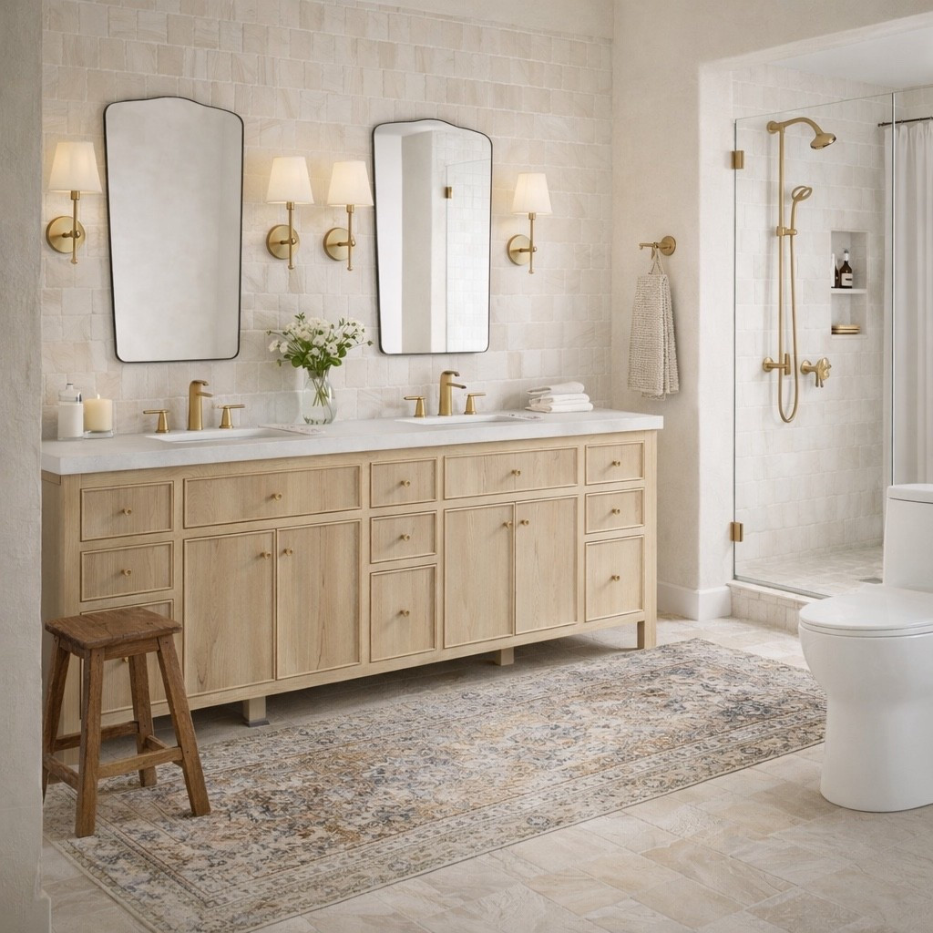 Wayfair bathroom inspo! This vanity totally looks custom and love the wood tone: the tile is also such an affordable had made look 

#LTKHome #LTKSaleAlert #LTKFindsUnder100