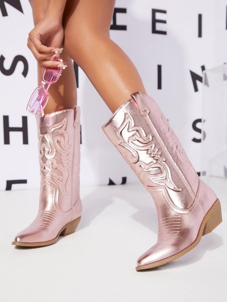 Metallic Below Knee Pull On Cowboy Boots | SHEIN