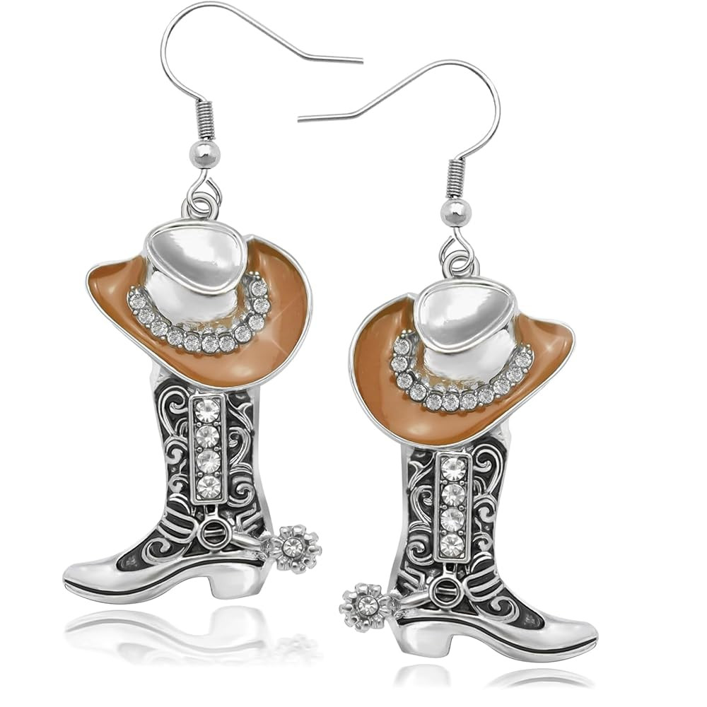 RechicGu Western Cowgirl Hat Boots Earrings Enamel Cowboy Hat Sparkly Rhinestone Boot Dangle Earr... | Amazon (US)