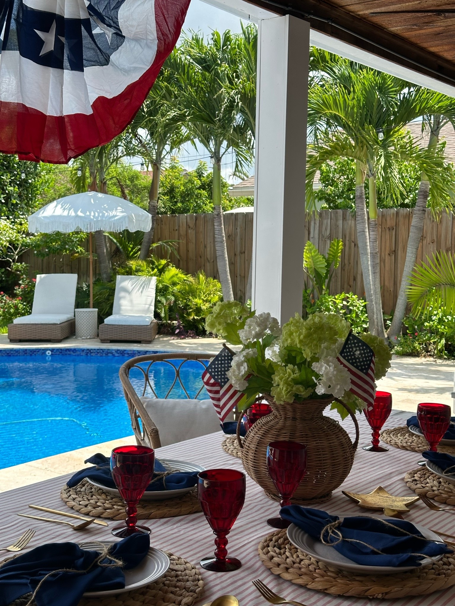 Outdoor table setting 
4th of July outdoor table setting. I used this red and white striped shower curtain I found last minute on clearance as a tablecloth. Mixed in my Amazon woven placements with my vintage red goblet glasses and navy blue napkins. 

Fourth of July
Summer
Poolside
Bbq
Barbecue 
Outdoor table
Outdoor kitchen 
4th of July party 
Amazon 
Pottery barn 
At home 
Studio McGee 
Magnolia 
Summer flowers
Garden
Nancy Meyers holiday 
Cottage 
Coastal beach house 
Cozy home 
Home decor
Backyard
Patio
Porch 
American bunting flag
Vintage
Glasses 
Glassware
American flag 
Flag
Bunting flag 
Porch 
Backyard
Patio
Garden
Memorial Day
Long weekend

#LTKSaleAlert #LTKHome #LTKSeasonal