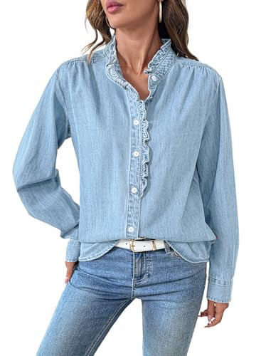 Sidefeel Jean Shirts for Women Denim Lightweight Washed Chambray Coat V Neck Button Long Sleeve Denim Tops Iceland Blue Medium | Amazon (US)