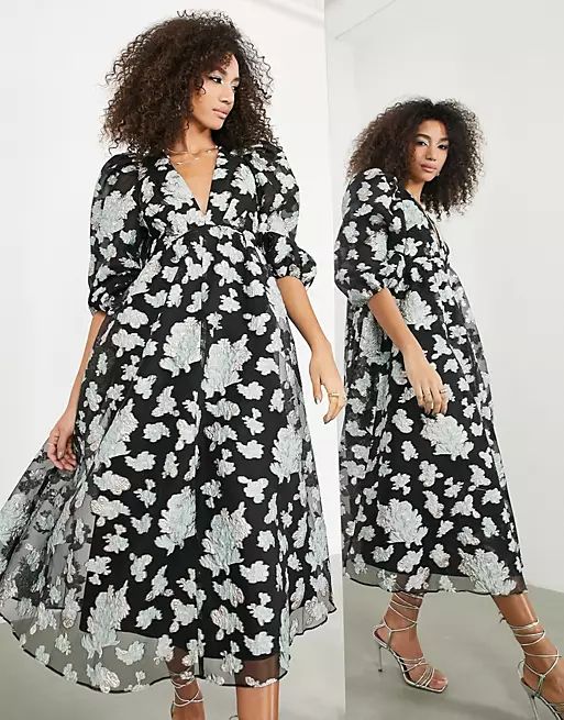 ASOS EDITION pleat bust midi with puff sleeve in floral jacquard in black | ASOS | ASOS (Global)