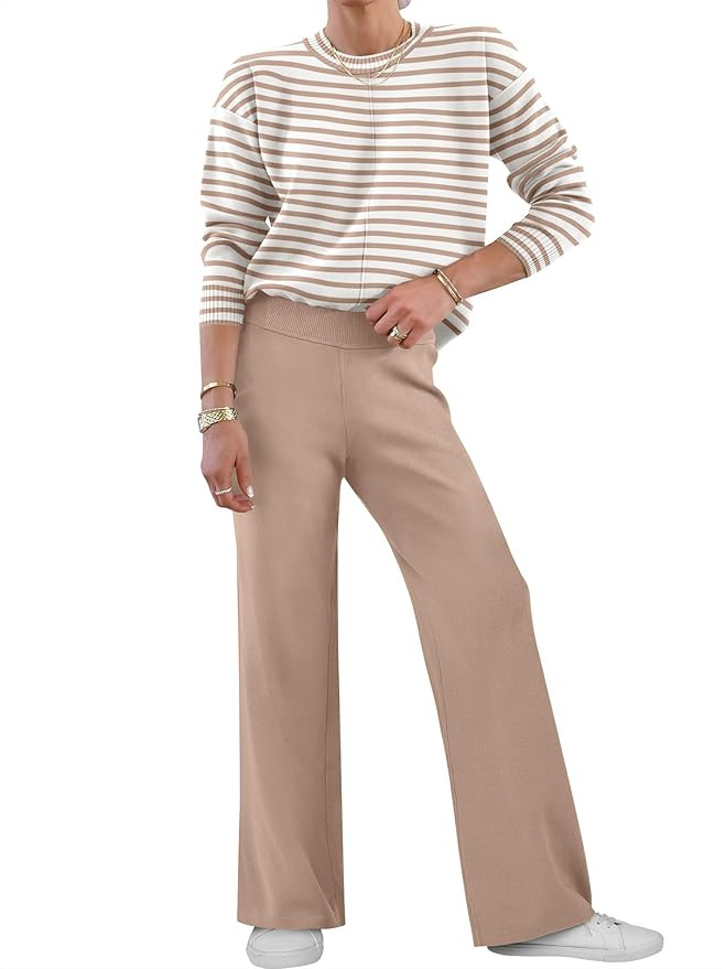 ANRABESS Womens Two Piece Outfits Lounge Sweater Sets Casual Pullover Knit Tops Wide Leg Pants 20... | Amazon (US)